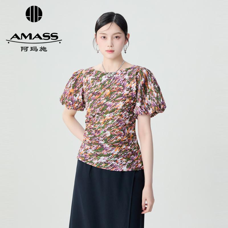 阿玛施AMASS 造型款郁金香印花显瘦短袖上衣5301029