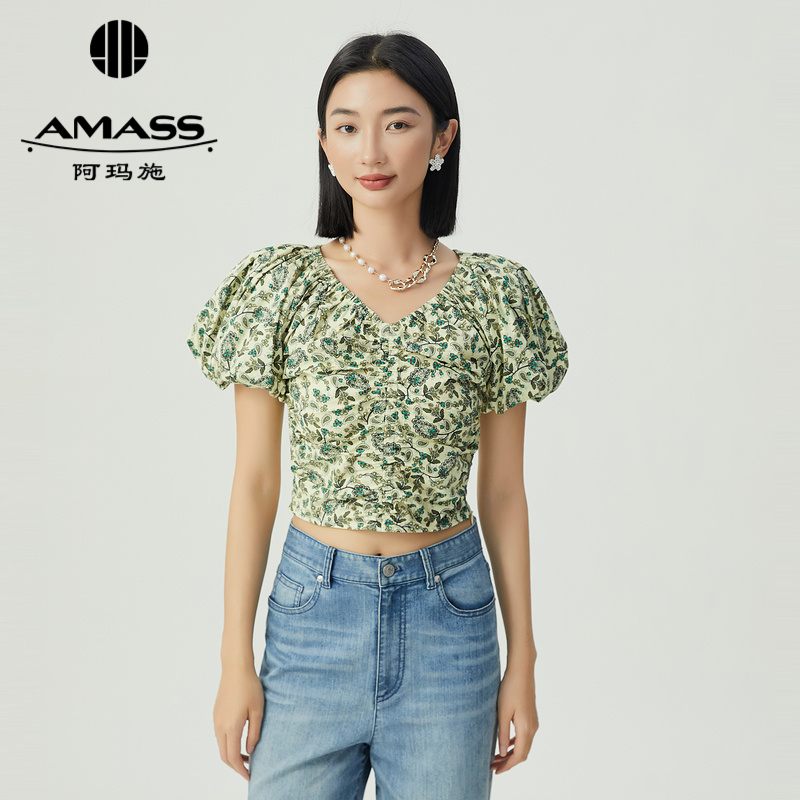 阿玛施AMASS 小碎花泡泡袖减龄V领短款上衣5301031