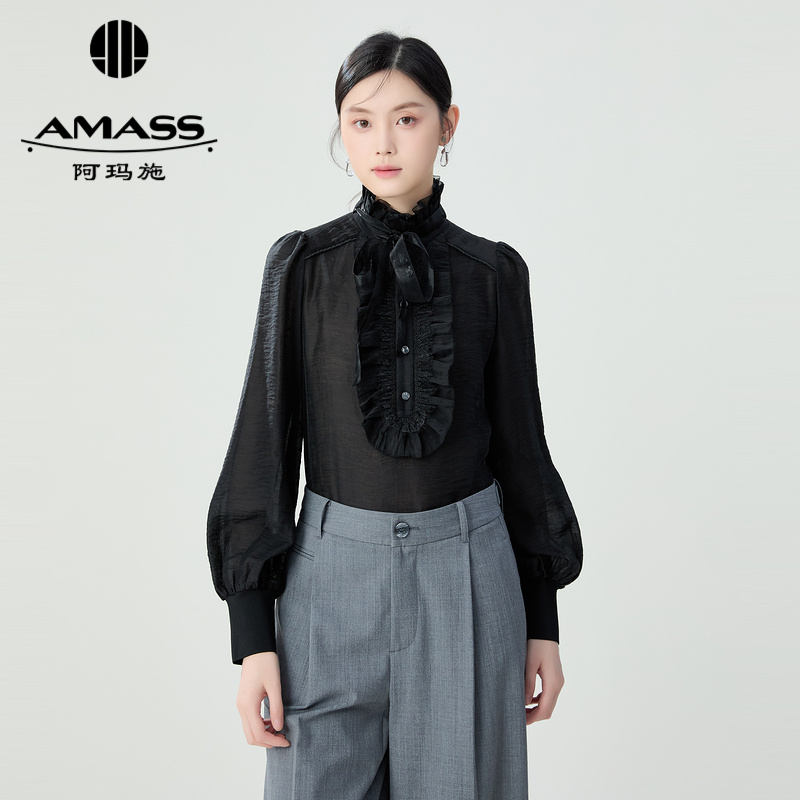 阿玛施AMASS新款女装高级款精致复古宫廷风纯色衬衫5301033