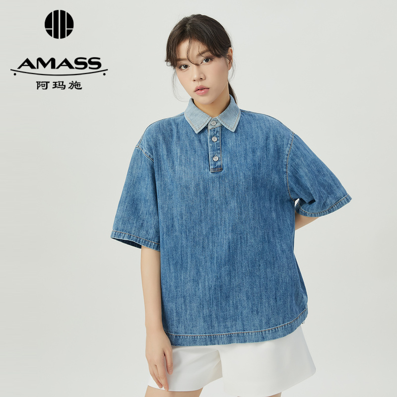 阿玛施AMASS海报款衣橱共享系列廓形水洗牛仔POLO短袖5301034