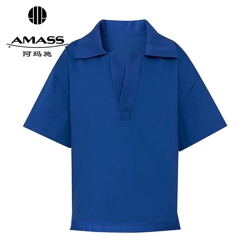 阿玛施AMASS 纯色短袖POLO领前短后长设计上衣5301035