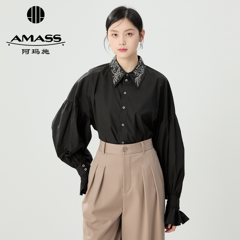 阿玛施AMASS 质感领边钉珠泡泡袖宽松衬衫5301042