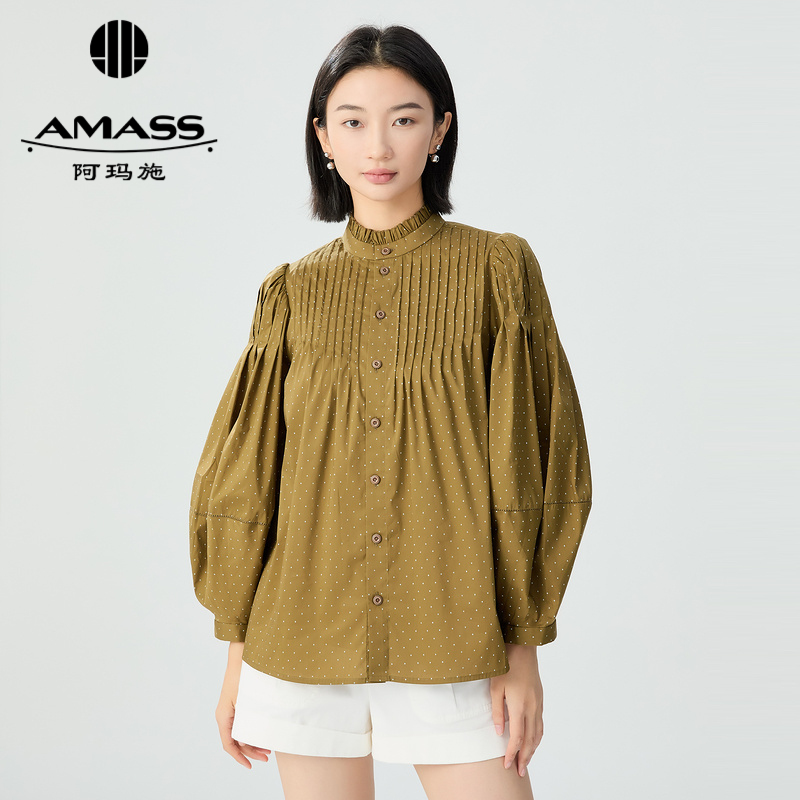 阿玛施AMASS 复古宫廷风立领泡泡袖棉衬衫5301044
