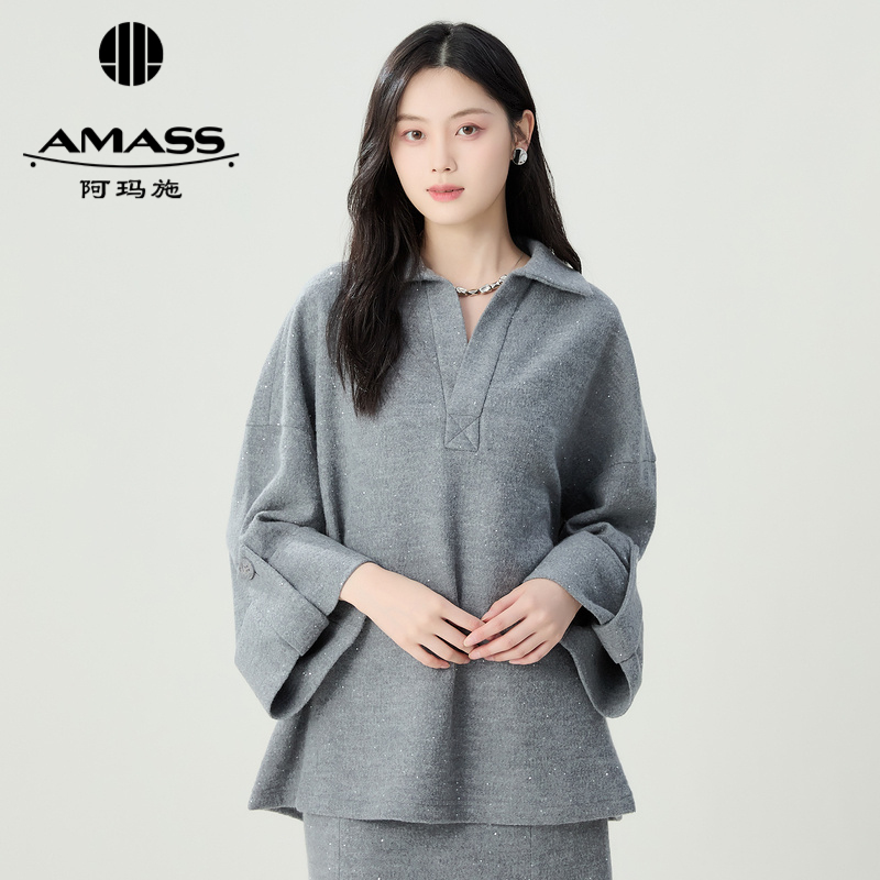 阿玛施AMASS 休闲百搭POLO翻领宽松廓形中袖上衣附袖袢5301052