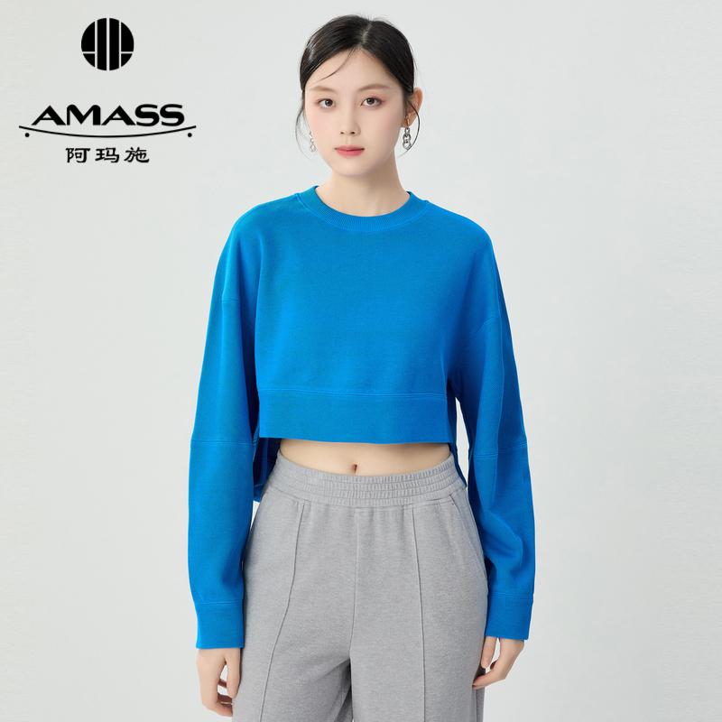 阿玛施AMASS 圆领落肩前短后长套头长袖卫衣5301055