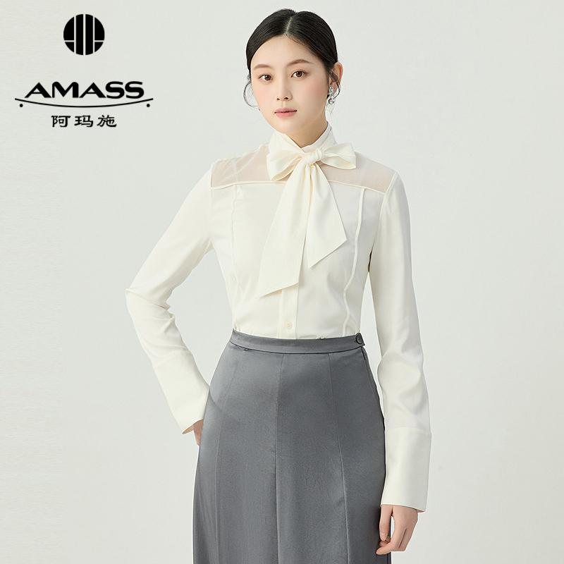 阿玛施AMASS 优雅气质蕾丝拼接飘带丝质衬衫5301058