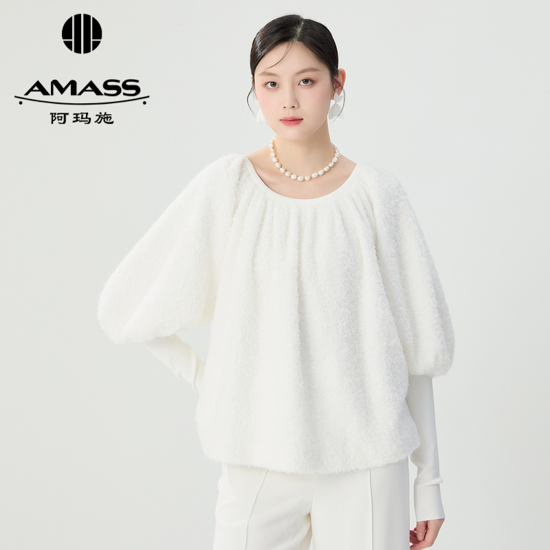 阿玛施AMASS 大圆领抽皱泡泡袖高级感上衣5301065