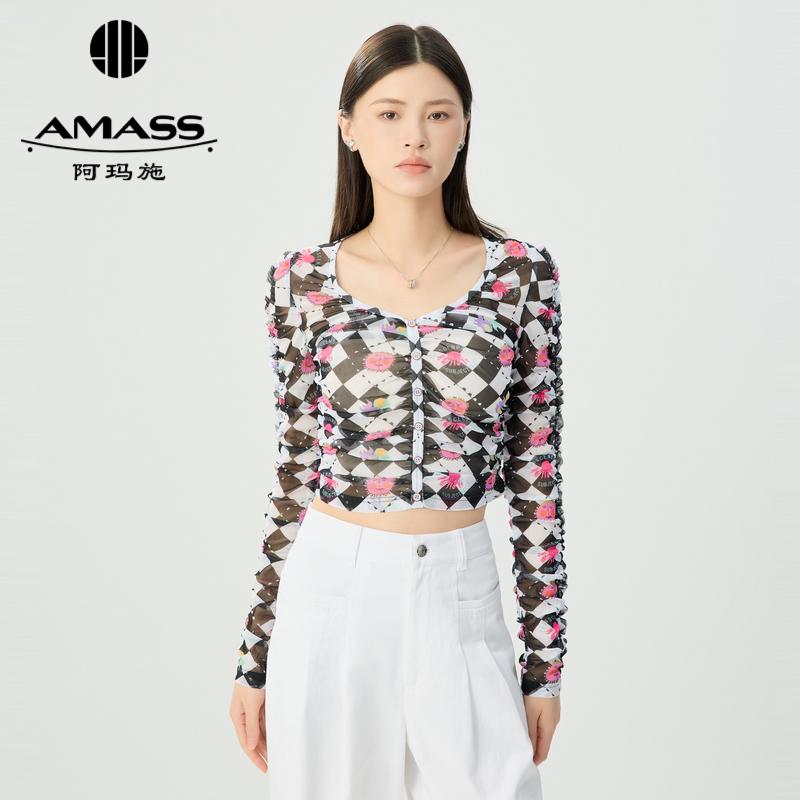 阿玛施AMASS 色彩印花造型修身丝网纱衣5301067
