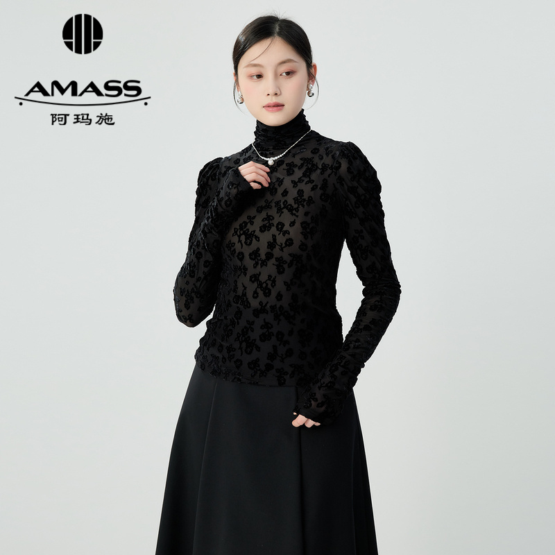 阿玛施AMASS 浪漫气质植绒造型修身高领打底上衣5301068