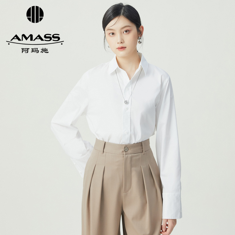 阿玛施AMASS 简约气质通勤基础款不发黄宽松大白衬衫5301070