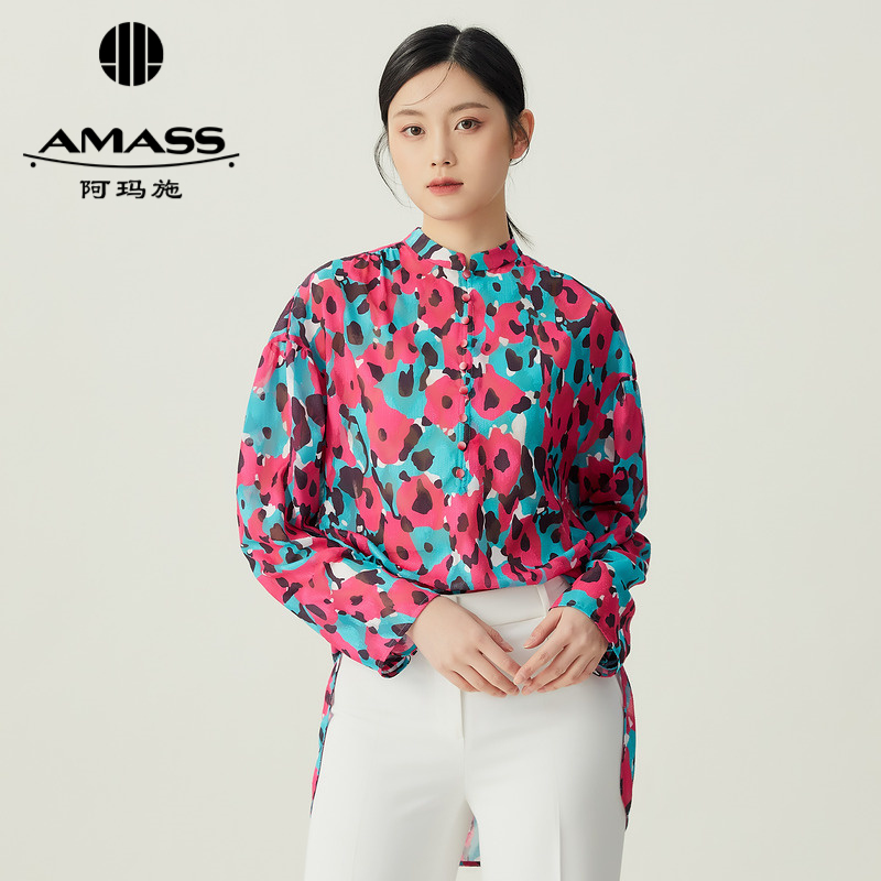 阿玛施AMASS 早春法式复古印花度假风透视衬衫5301079