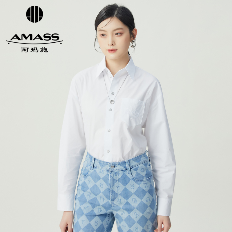 阿玛施AMASS 简约口袋字母长袖白衬衣5301080