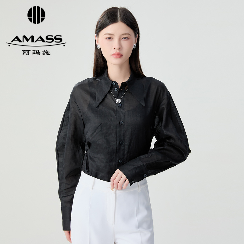 阿玛施AMASS 收腰设计透视黑色麻料衬衫5301082