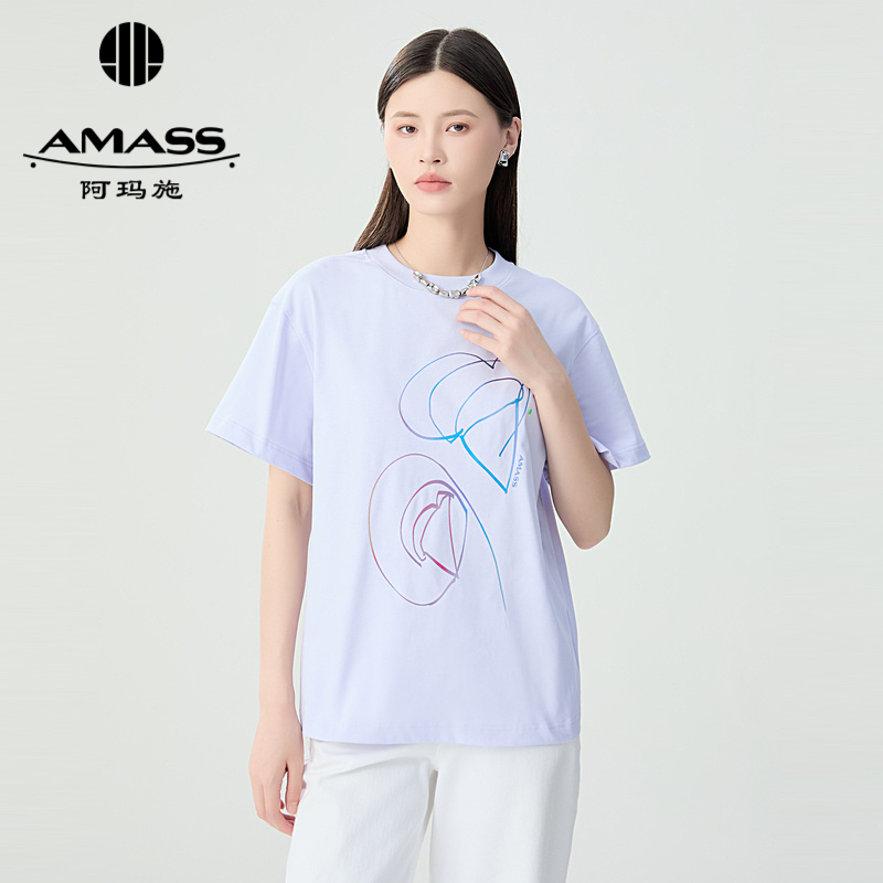 阿玛施AMASS 简约线条艺术抽象画棉质廓形T恤5301088