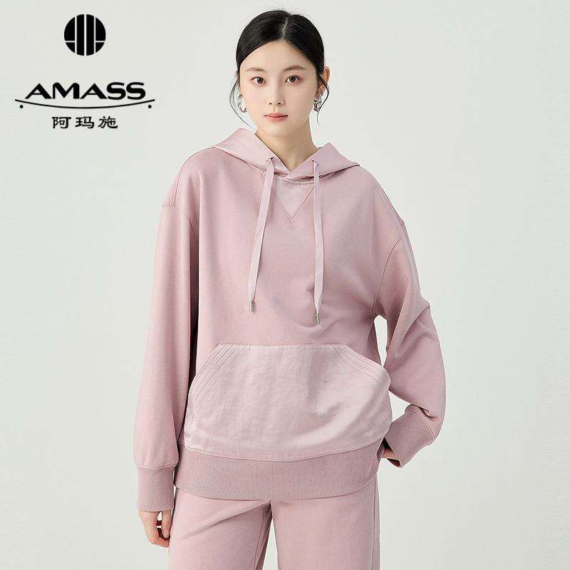 阿玛施AMSS 新款拼接缎面质感落肩廓形连帽卫衣5301096