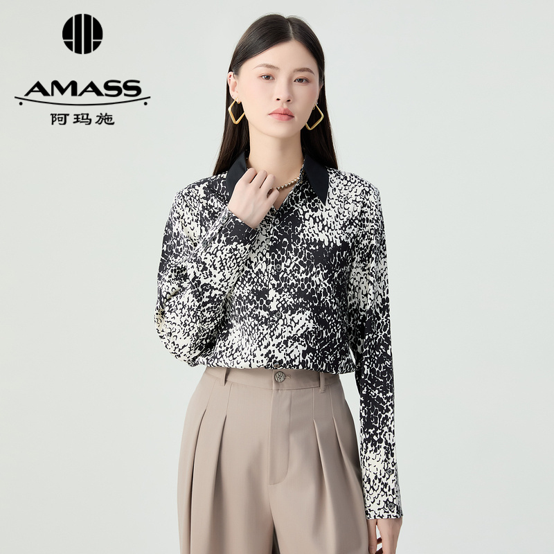 阿玛施AMASS 时尚精致简约拼接翻领长袖衬衫女5301098