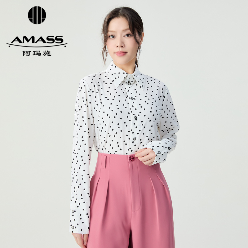 阿玛施AMASS 时尚通勤复古波点翻领长袖气质衬衫女5301098