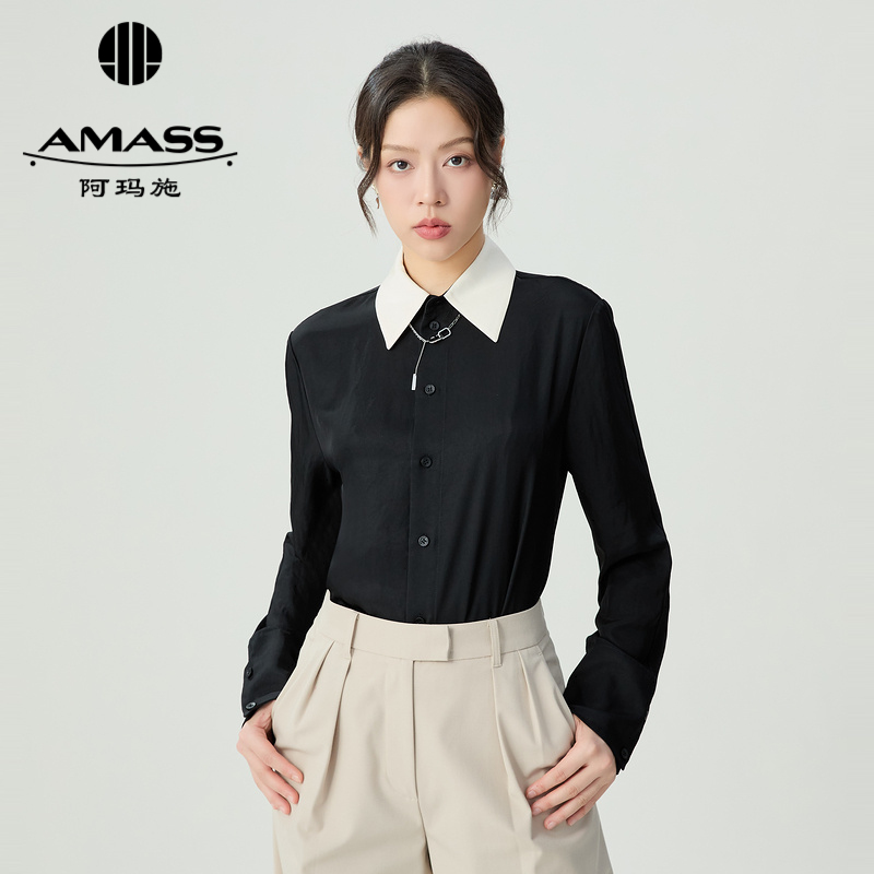 阿玛施AMASS 简约黑白撞色拼接领长袖衬衫5301098