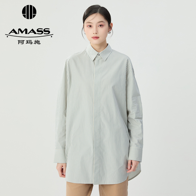 阿玛施AMASS 百搭休闲男友风条纹宽松廓形棉质长袖衬衫5301110