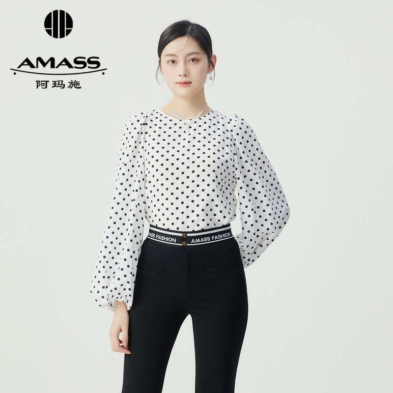 阿玛施AMASS 减龄圆领泡泡袖长袖通勤衬衫5301128