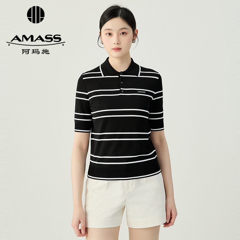 阿玛施AMASS 日常舒适撞色线条小翻领polo针织衫538009