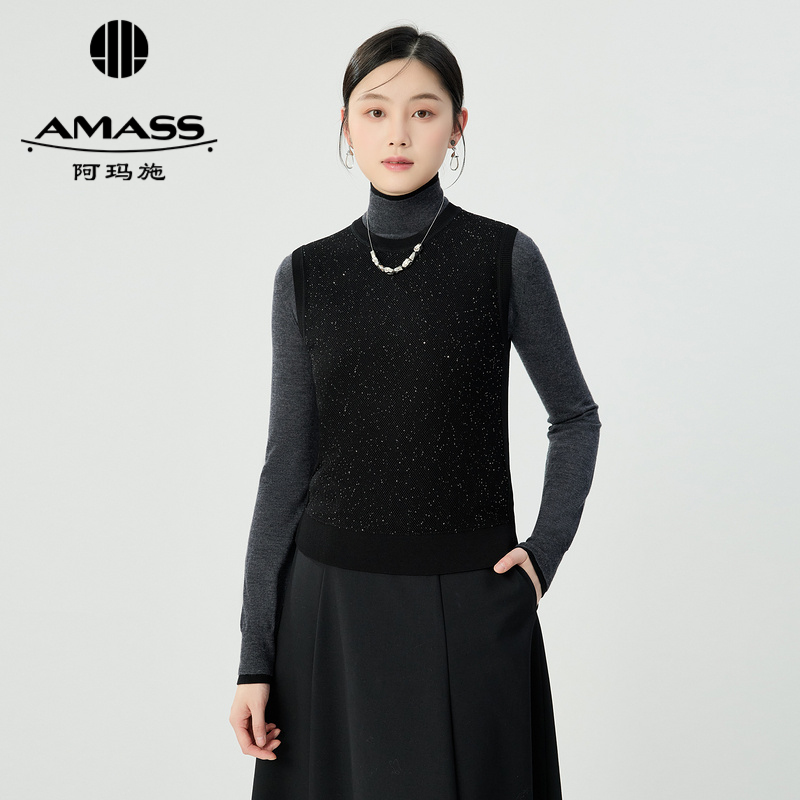 阿玛施AMASS 时尚造型镂空亮片无袖针织马甲538015