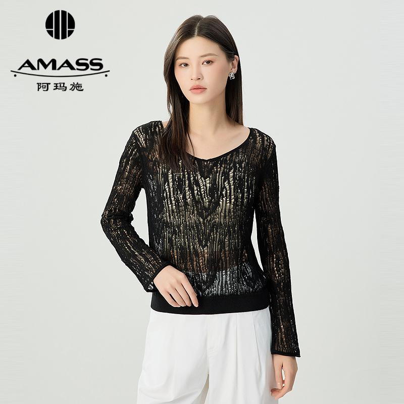 阿玛施AMASS 慵懒随性镂空设计大V领针织上衣538017