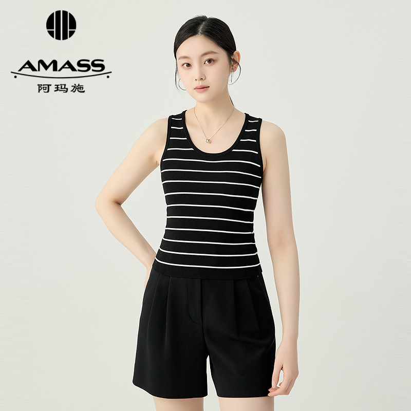 阿玛施AMASS 休闲随性黑白条圆领针织背心538018