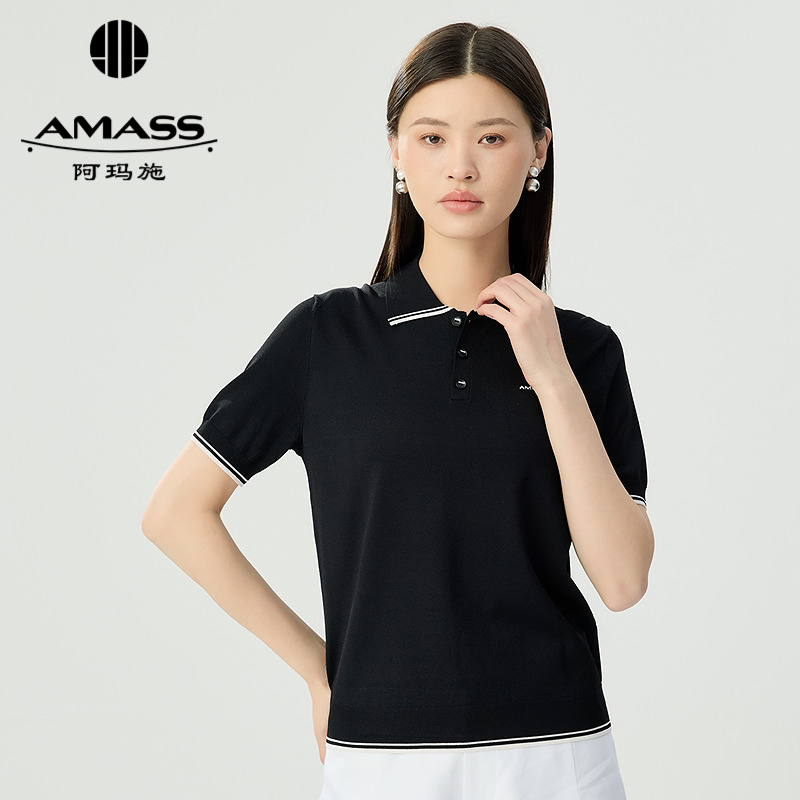 阿玛施AMASS 经典简约质感正肩polo领针织衫538022