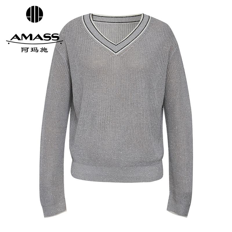 阿玛施AMASS 松弛慵懒珠片V领撞色亚麻针织衫538042