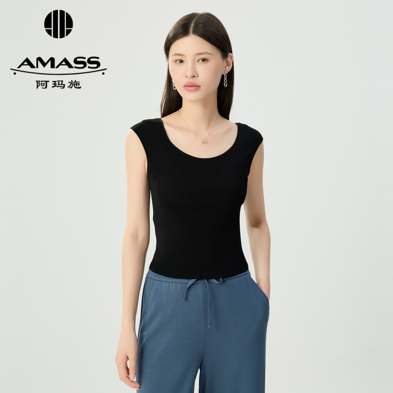 阿玛施AMASS 气质简约纯色宽肩带大U领修身针织背心538067
