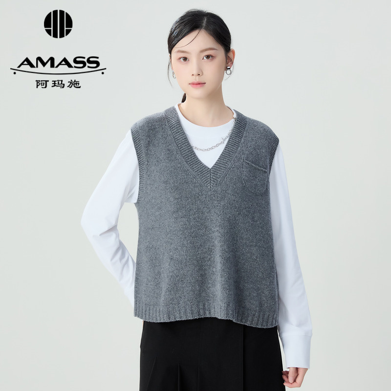 AMASS阿玛施 学院风羊毛口袋针织马甲 5399256