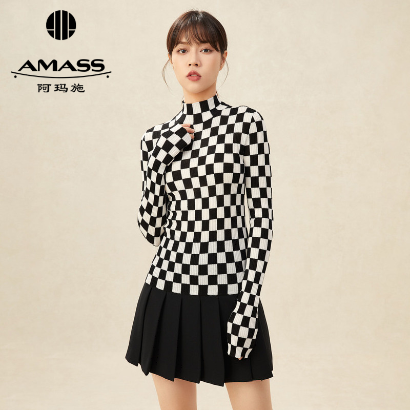 AMASS阿玛施烟管领棋盘格弹力长袖打底衫5399539