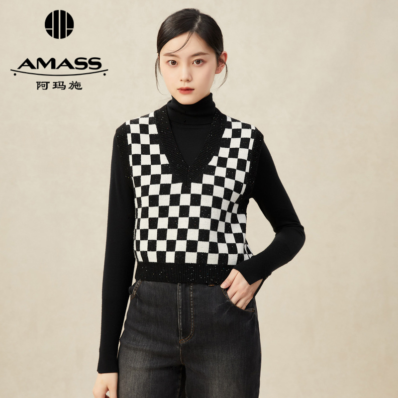 AMASS阿玛施 V领黑白格套头针织马甲5399558