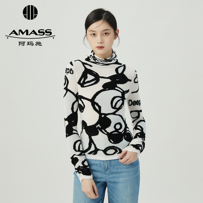 阿玛施AMASS 深呼吸黑白线条设计长袖修身花色 高领针织衫女5399575