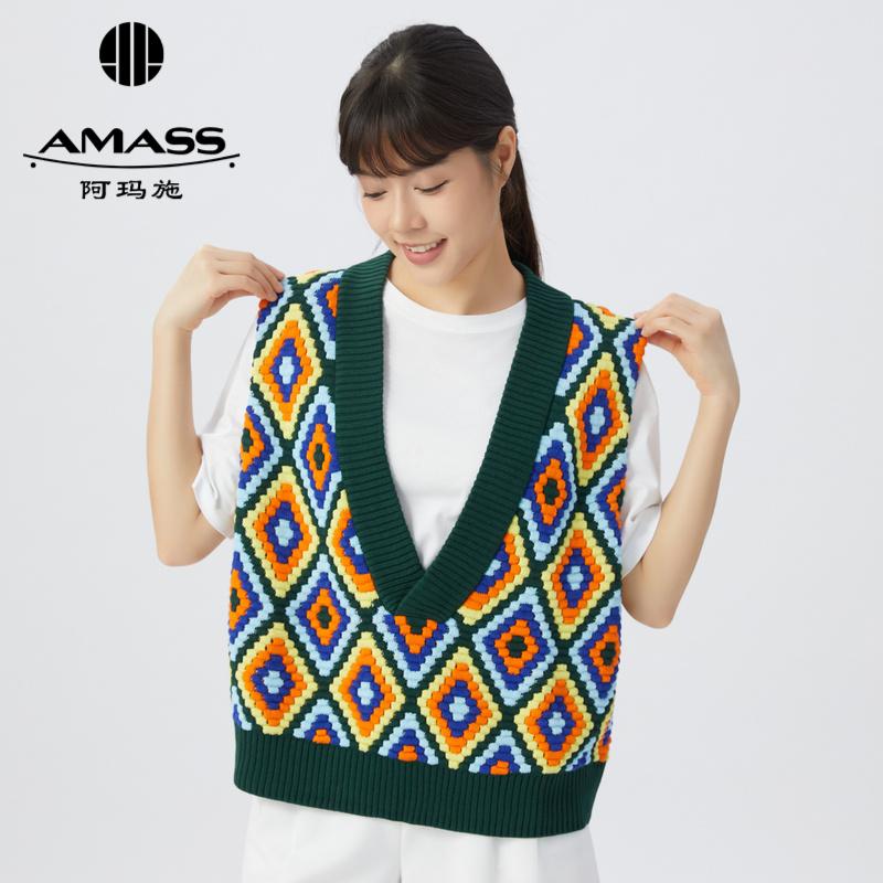 阿玛施AMASS V领活力彩色百搭造型针织马甲5399582