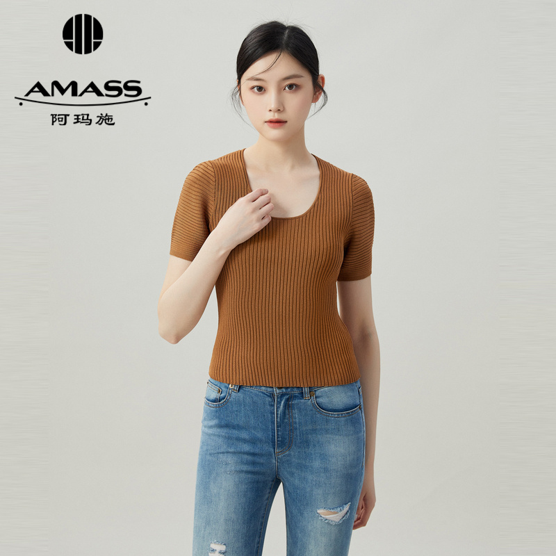 阿玛施AMASS 圆领竖坑条简约舒适百搭针织短袖5399584