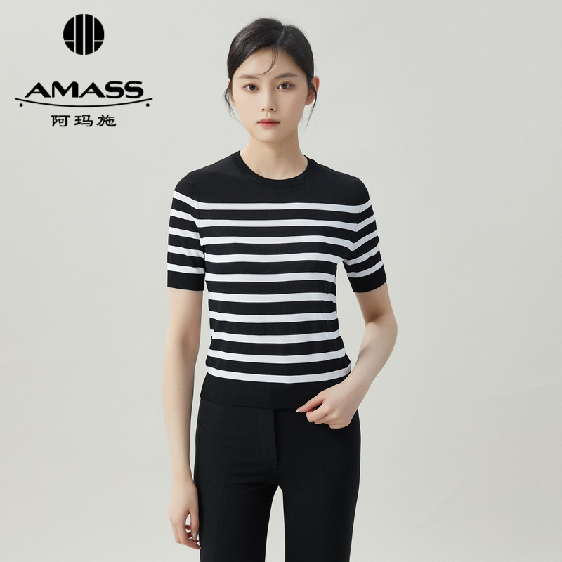 阿玛施AMASS 经典不过时黑白纹圆领针织短袖T5399611