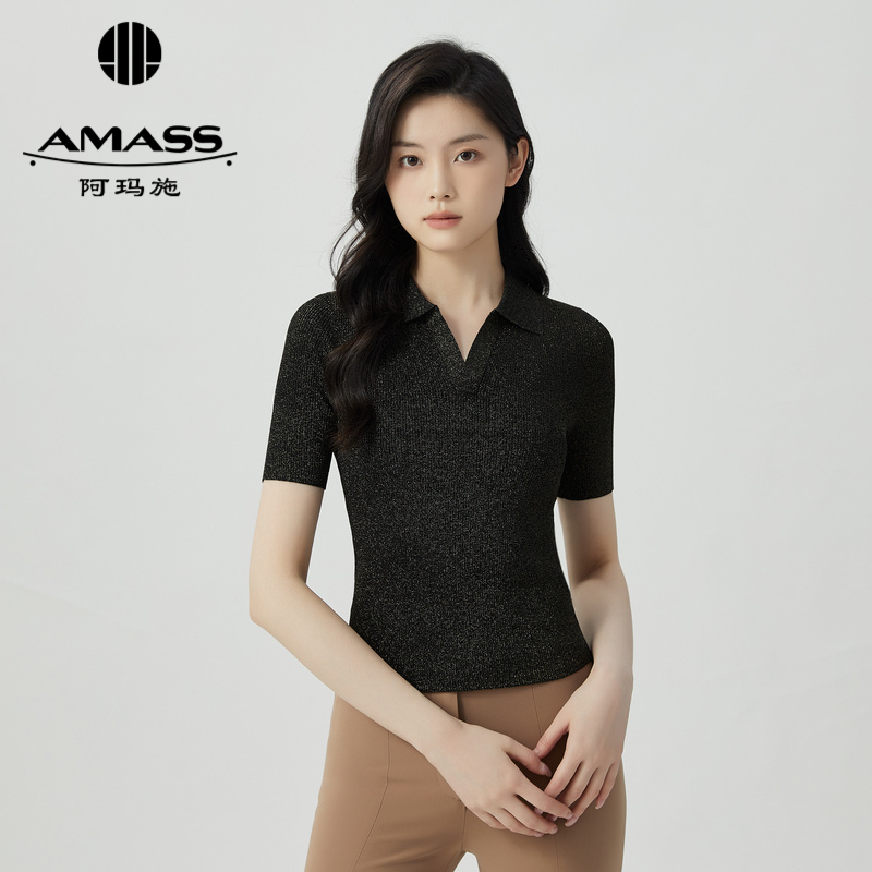 阿玛施AMASS blingbling细闪百搭poloV领短袖针织5399614