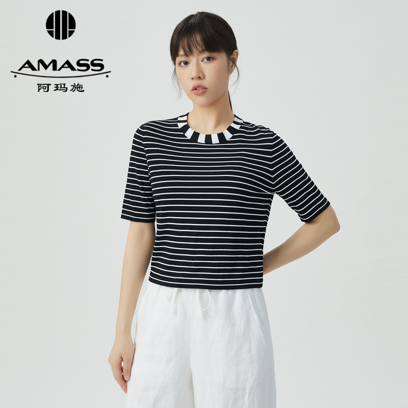 阿玛施AMASS 个性拼接领复古条纹针织短袖5399615