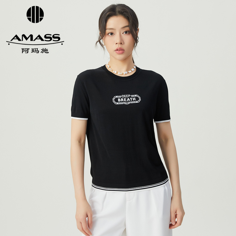 阿玛施AMASS 黑白拼色简约字母圆领合身版短袖套头针织5399619