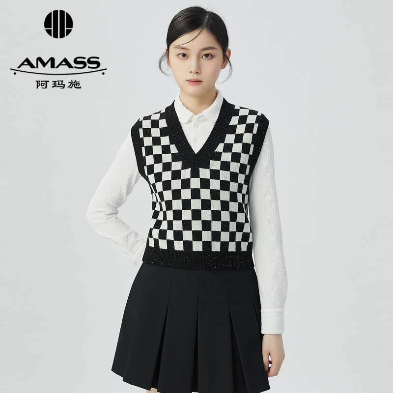 阿玛施AMASS 经典V领棋盘格马甲5399624