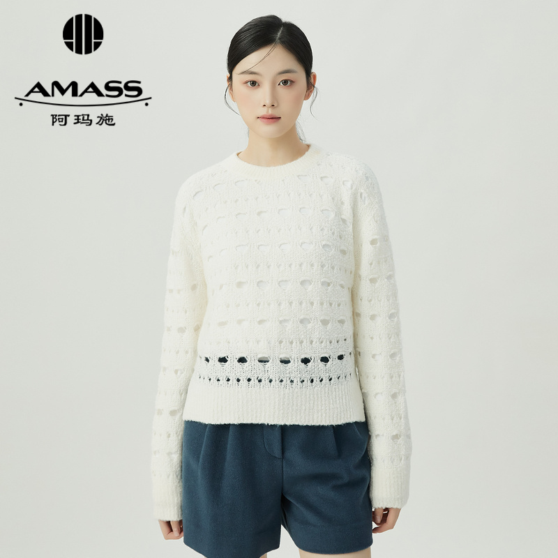 阿玛施AMASS 基础简约前短后长镂空花纹长袖针织5399633