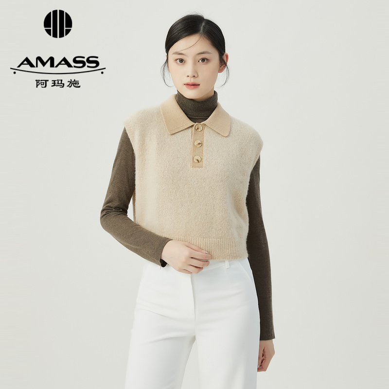 阿玛施AMASS 简约polo领纯色休闲无袖羊绒针织5399636