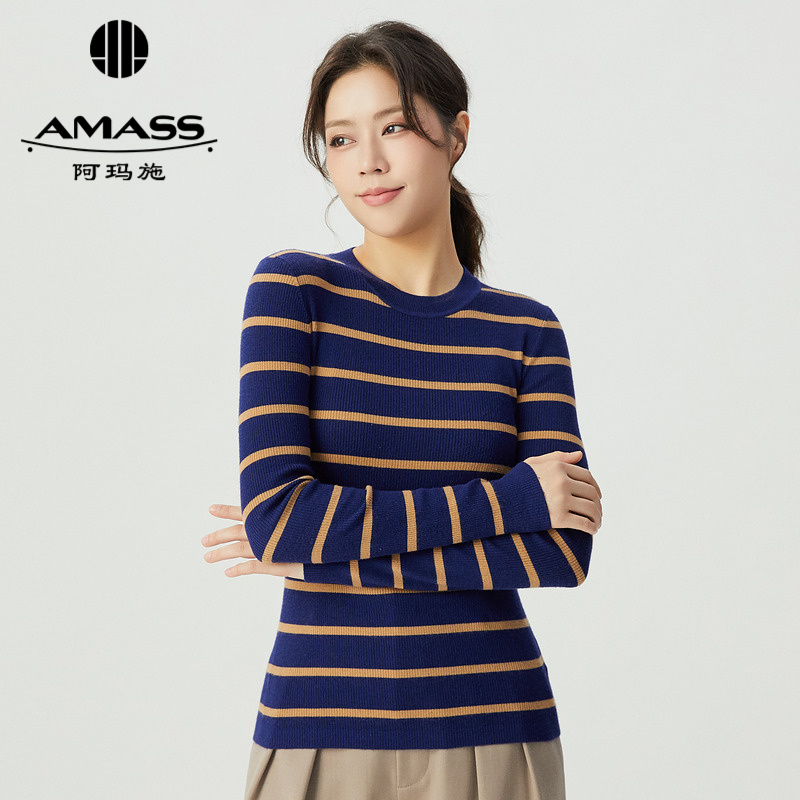 阿玛施AMASS 圆领基础百搭条纹羊毛针织长袖5399639