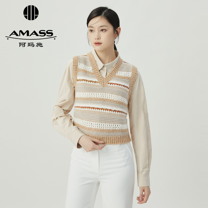 阿玛施AMASS 减龄条纹撞色复古提花针织马甲5399642