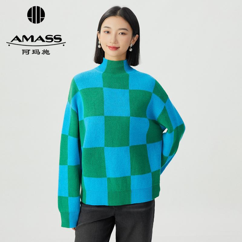 阿玛施AMASS 慵懒风撞色格纹中领廓形套头针织5399647