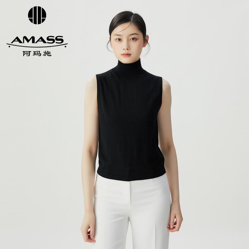 阿玛施AMASS新款羊绒羊毛混纺百搭烟管领内搭无袖针织背心5399648