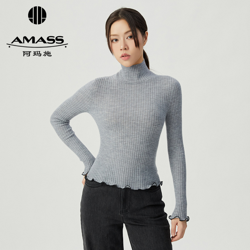 阿玛施AMASS 花边竖坑条百搭烟管领打底针织5399651