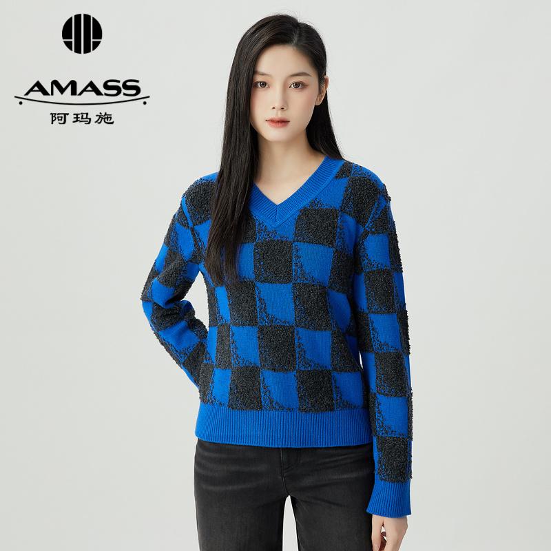 阿玛施AMASS 时尚百搭棋盘格羊绒V领套头针织5399655